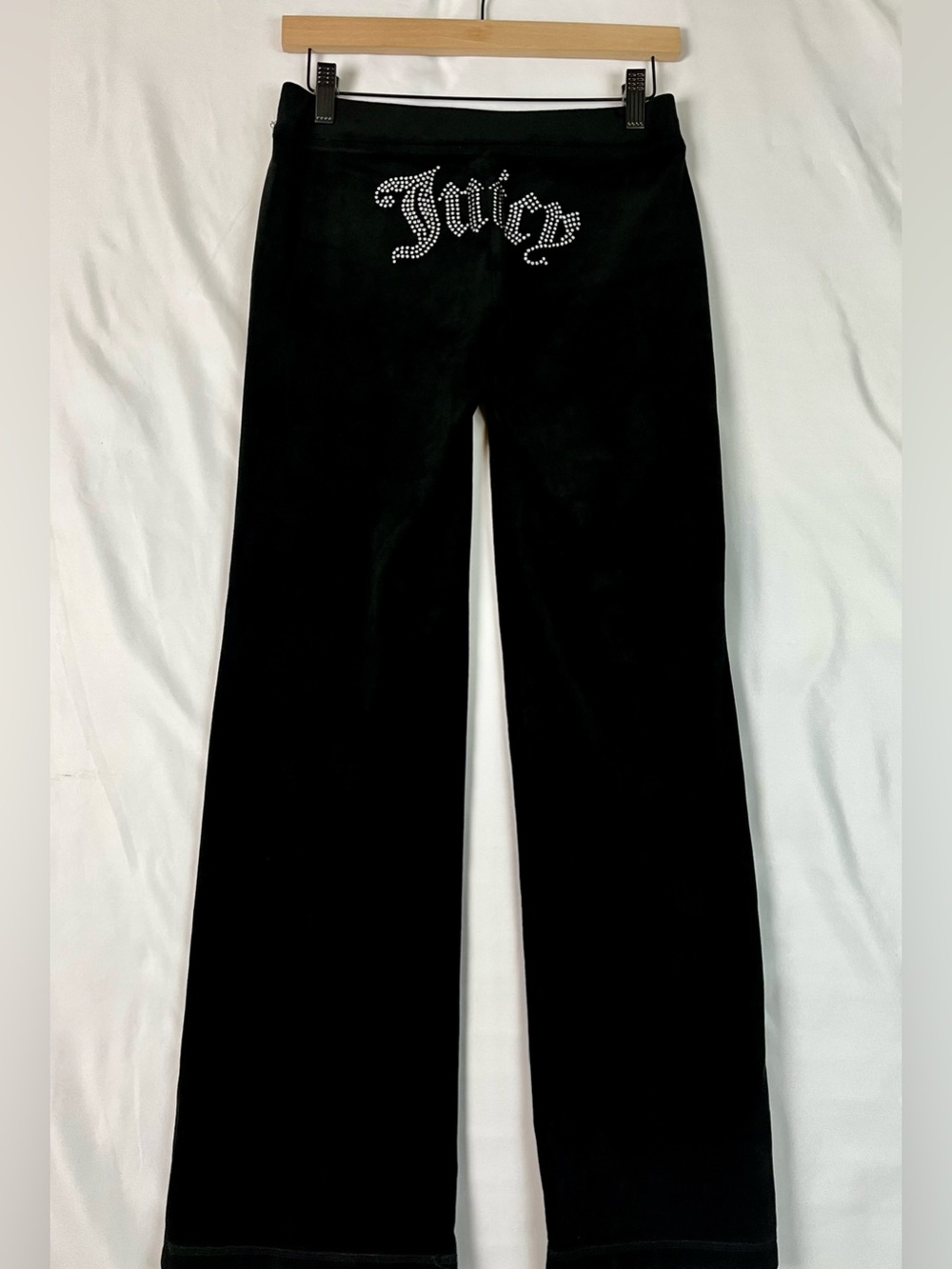 Juicy Couture OG Big Bling Black Licorice Velour Rhinestone Logo Flared Pants XS